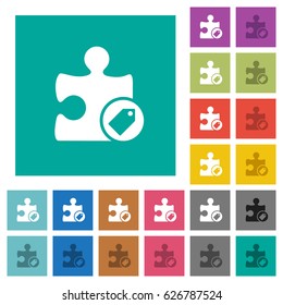 Tag multi colored flat icons on plain square backgrounds. Included white and darker icon variations for hover or active effects.