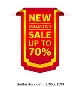 Tag NEW COLLECTION UP TO 70% OFF SALE. Ribbon sale label banner isolated. Gold color. Vector illustration.