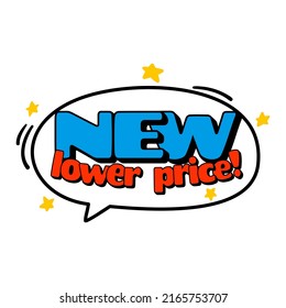 Etiqueta nuevo precio más bajo, ilustración vectorial. Frases creativas para publicidad.