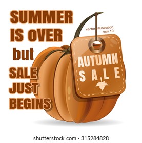 The tag on the background of a pumpkin. Autumn sale. Vector illustration