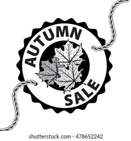 The tag on the rope to fall discounts. Autumn leaves of different colors, a place for your text.