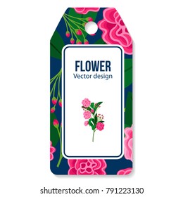 Tag with peony and green leaves pattern for flower shop, vector illustration