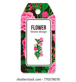 Tag with peony pattern for flower shop isolated on the white background, vector illustration