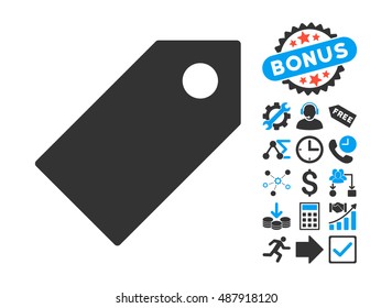 Tag pictograph with bonus design elements. Vector illustration style is flat iconic bicolor symbols, blue and gray colors, white background.