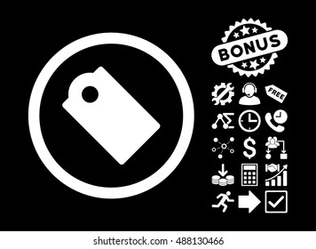 Tag pictograph with bonus symbols. Vector illustration style is flat iconic symbols, white color, black background.
