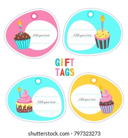 Tag with a picture of a cake with candle for birthday. A set of gift tags with place for text. Vector illustration. Isolated on a white background.