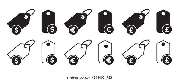 Tag price icon set. Sale icons with dollar, euro and pound symbols. ale label icon vector illustration.