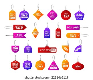 Tag price. Sale labels different forms and colors. Vintage blank discount paper emblems on ribbons, christmas shopping, badges with old string bow, knot card. Vector sticker design set