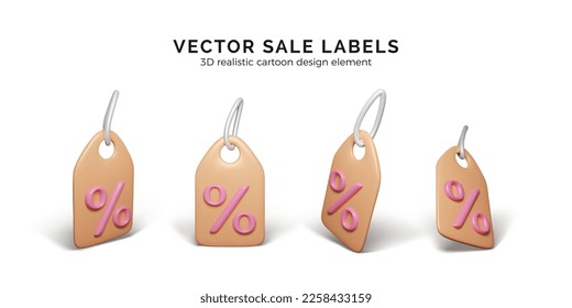Tag price set. 3D realistic cartoon discount coupon with percentage sign. Shopping promotion. Special offer discount label. Vector illustration isolated on white