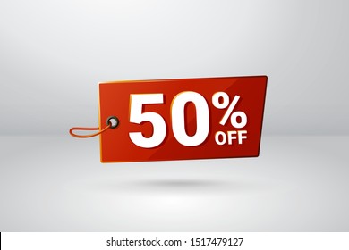 Tag promotion 50% off vector 3d with studio grey background