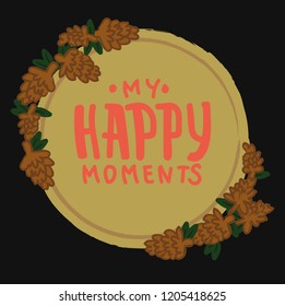 Tag with ribbon, pnecones, branc. Cosy Hygge stile vector design element. Forest and woods, winter and fall mood. Vector Isolated. Perfect for decoration, icons, stickers. Holidays celebration.