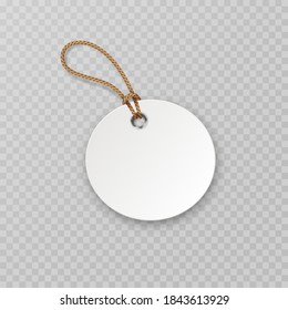 Tag with rope isolated on transparent background. Circle cardboard label, paper sale or gift empty sticker. Vector blank round price, promo offer mockup