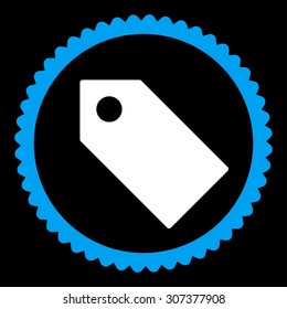 Tag round stamp icon. This flat vector symbol is drawn with blue and white colors on a black background.