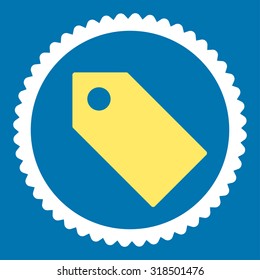 Tag round stamp icon. This flat vector symbol is drawn with yellow and white colors on a blue background.