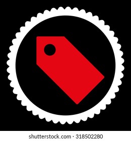 Tag round stamp icon. This flat vector symbol is drawn with red and white colors on a black background.