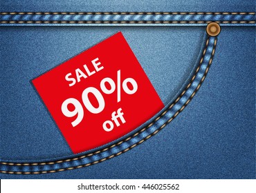 Tag SALE 90% in a blue denim pocket. Useful for a clothing store promo advertising. Vector illustration