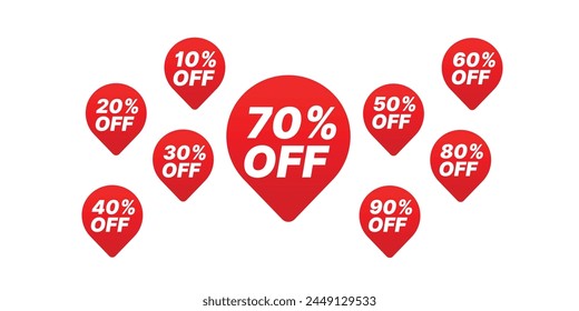 Tag sale discounts from 10, 20, 30, 40, 50, 60, 70, 80, 90 percent. Trendy red sales promotion banner element. Vector illustration.