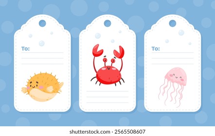 Tag with Sea Animal and Marine Underwater Swimming Creature Vector Template