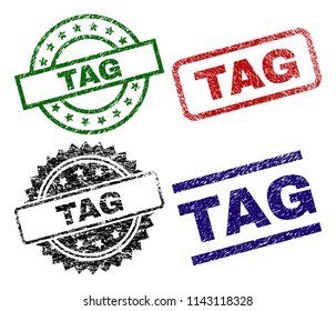 TAG seal prints with corroded texture. Black, green,red,blue vector rubber prints of TAG with corroded texture. Rubber seals with round, rectangle, medal shapes.