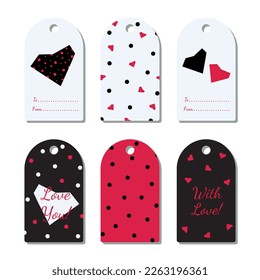 Tag set with heart, dot in pink, black and white.