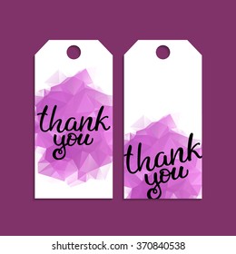 Tag set with ink lettering "Thank you" on lilac triangle background. Use for gift cards, banners. Vector EPS 10