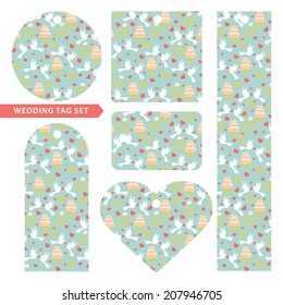 Tag set with wedding ornament.Vintage wedding symbols in seamless pattern set.