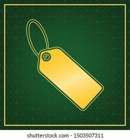Tag sign illustration. Golden icon with gold contour at dark green gridded white background. Illustration.