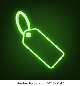 Tag sign illustration. Green neon icon in the dark. Blurred lightening. Illustration.