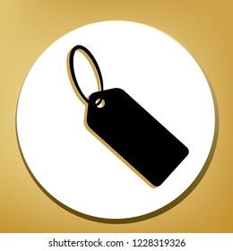 Tag sign illustration. Vector. Black icon with light brown shadow in white circle with shaped ring at golden background.