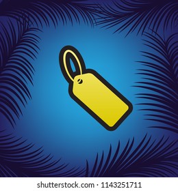 Tag sign illustration. Vector. Golden icon with black contour at blue background with branches of palm trees.