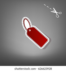 Tag sign illustration. Vector. Red icon with for applique from paper with shadow on gray background with scissors.