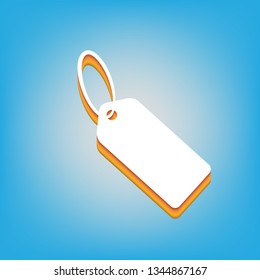 Tag sign illustration. Vector. White icon with 3d warm-colored gradient body at sky blue background.