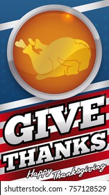 Tag with a silver medal with a delicious turkey silhouette for Thanksgiving celebration in U.S.A.