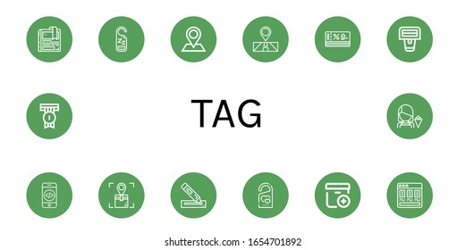 tag simple icons set. Contains such icons as Bookmark, Do not disturb, Pin, Location, Discount, Barcode scanner, Code, Marker, Add package, can be used for web, mobile and logo