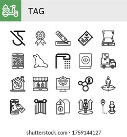 tag simple icons set. Contains such icons as Delivery, Do not use hook, Badge, Marker, Coupon, Scanner, Qr code, Seal, Shower, Coding, Discount, can be used for web, mobile and logo