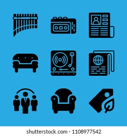 tag, sofa, panpipe, armchair, newspaper, turntable, group, news paper and recorder vector icon. Simple icons set
