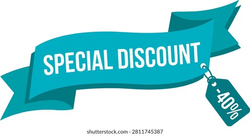 Tag Special discount offer vector - with forty percent off tag. Promotional teal ribbon banner featuring