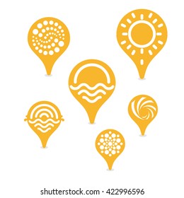 Tag to specify the location of the sunny beach. Vector isolated logos set. 
