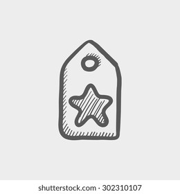 Tag with star best offer sale sketch icon for web and mobile. Hand drawn vector dark grey icon on light grey background.