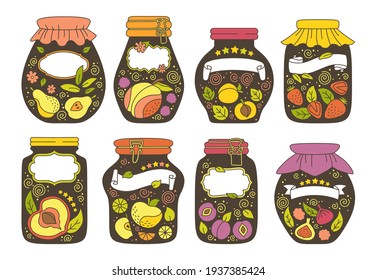 Tag or sticker jar with fruit doodle set. Label packaging jam drawing for notes, date or price. Cartoon juice peach plum, apricot apple. Frame product farmer market collection. Vector illustration