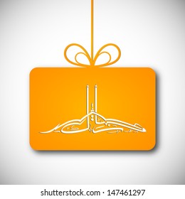 Tag, sticker or label design with arabic Islamic calligraphy of text Eid Mubarak on grey background for Muslim community festival Eid Mubarak. 
