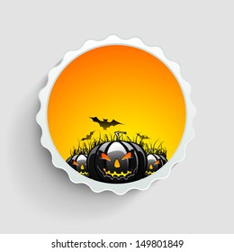 Tag, sticker or label design with scary Halloween pumpkins and bats. 