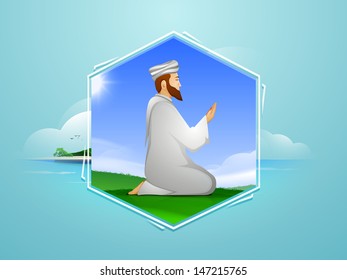 Tag, sticker or label design with young muslim man in traditional dress praying (Namaz, Islamic prayer) on abstract blue background. 