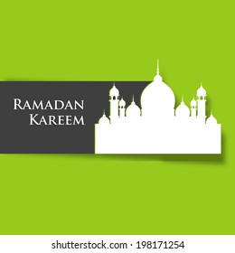 Tag, sticker or label with Mosque on Ramadan Kareem background.