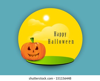 Tag, sticker or label with smiling pumpkin on blue background. 