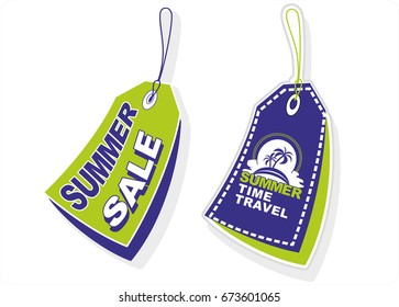 A tag, a sticker, a sales label and a discount.Summer travel and tourism background.Logo for travel on a sticker, poster, card, business card for a travel company.Vector icon.Picture tour in summer.