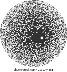 Tag symbols are combined into round collection. Tag icon round collage. Abstraction spheric bubble collage created with tag symbols.