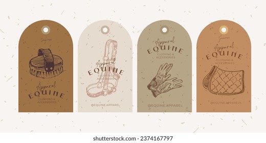 Tag template design, equestrian shop product tags, hand drawn horseback riding tack and harness