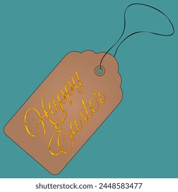 A tag that says Happy Easter on a turquoise background. Cartoon style. Vector color drawing