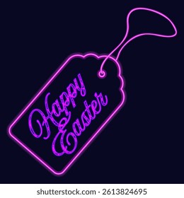 A tag that says Happy Easter, purple neon glow on a dark blue background. Cartoon and flat style. Glowing neon vector artwork. Perfect for holiday greetings and festive designs.